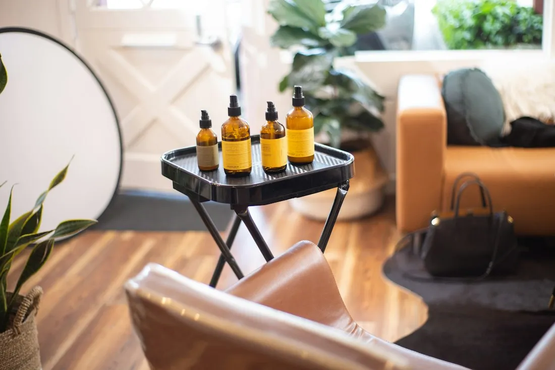 Massage oils laid out on a trolley
